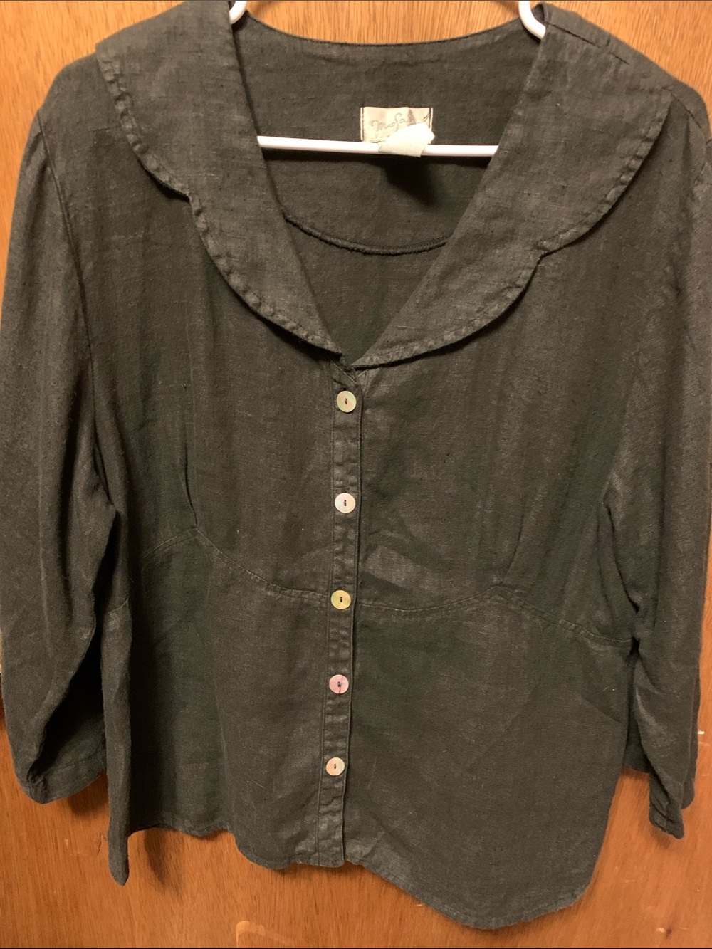 Relaxed Button-Front Linen Blouse in Black with Rounded Collar